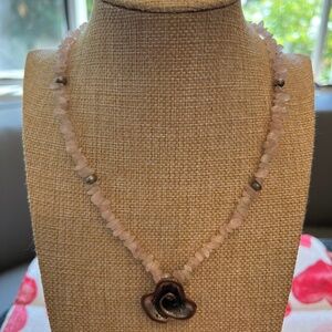 Upcycled Freeform Oxidized Silver Flower Pendant Pink Rose Quartz Necklace OOAK
